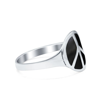 Peace Sign Ring Simulated Black Onyx 925 Sterling Silver
